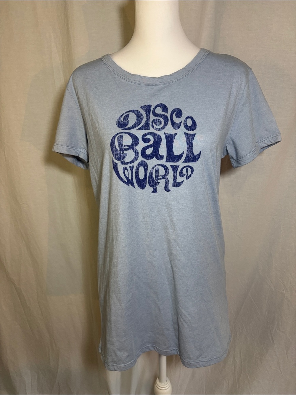 LuLaRoe Light Blue Tee with Disco Ball World Graphic (44)